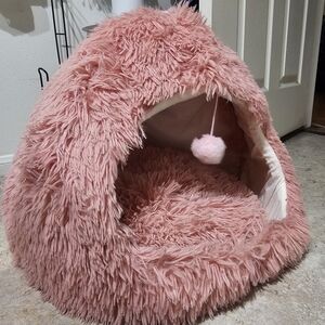 Pink Furry Pet Bed with Pom Pom